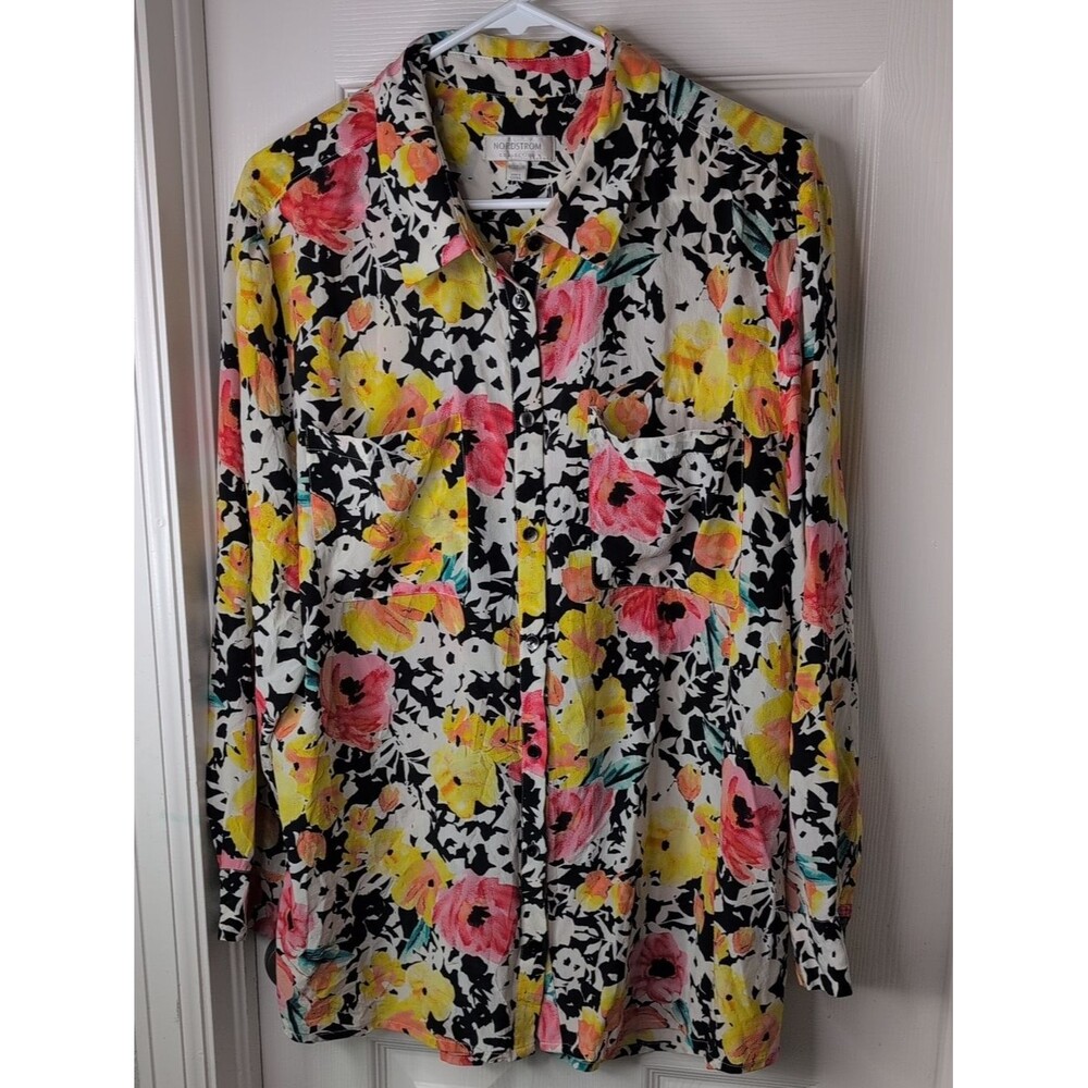 Nordstrom 100% Sill Black and White Floral Button-Up Yellow Pink Blooms Size XL